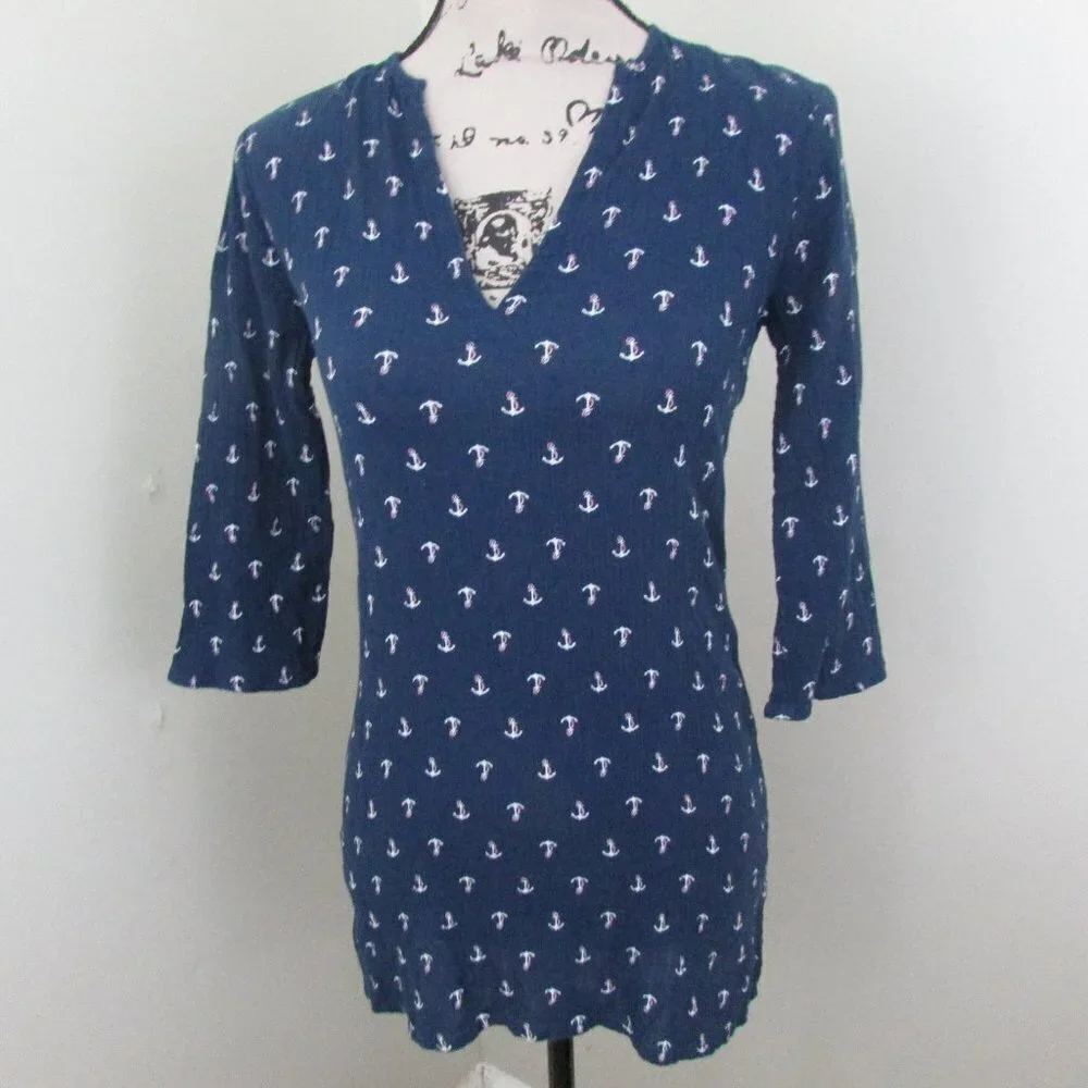 J Crew Womens Top XXS Anchors Blue Nautical Tunic